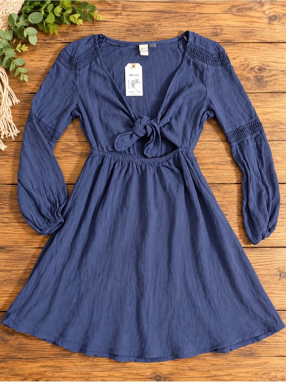 Roxy Navy Tie-Front Asymmetrical Long Sleeve Dress